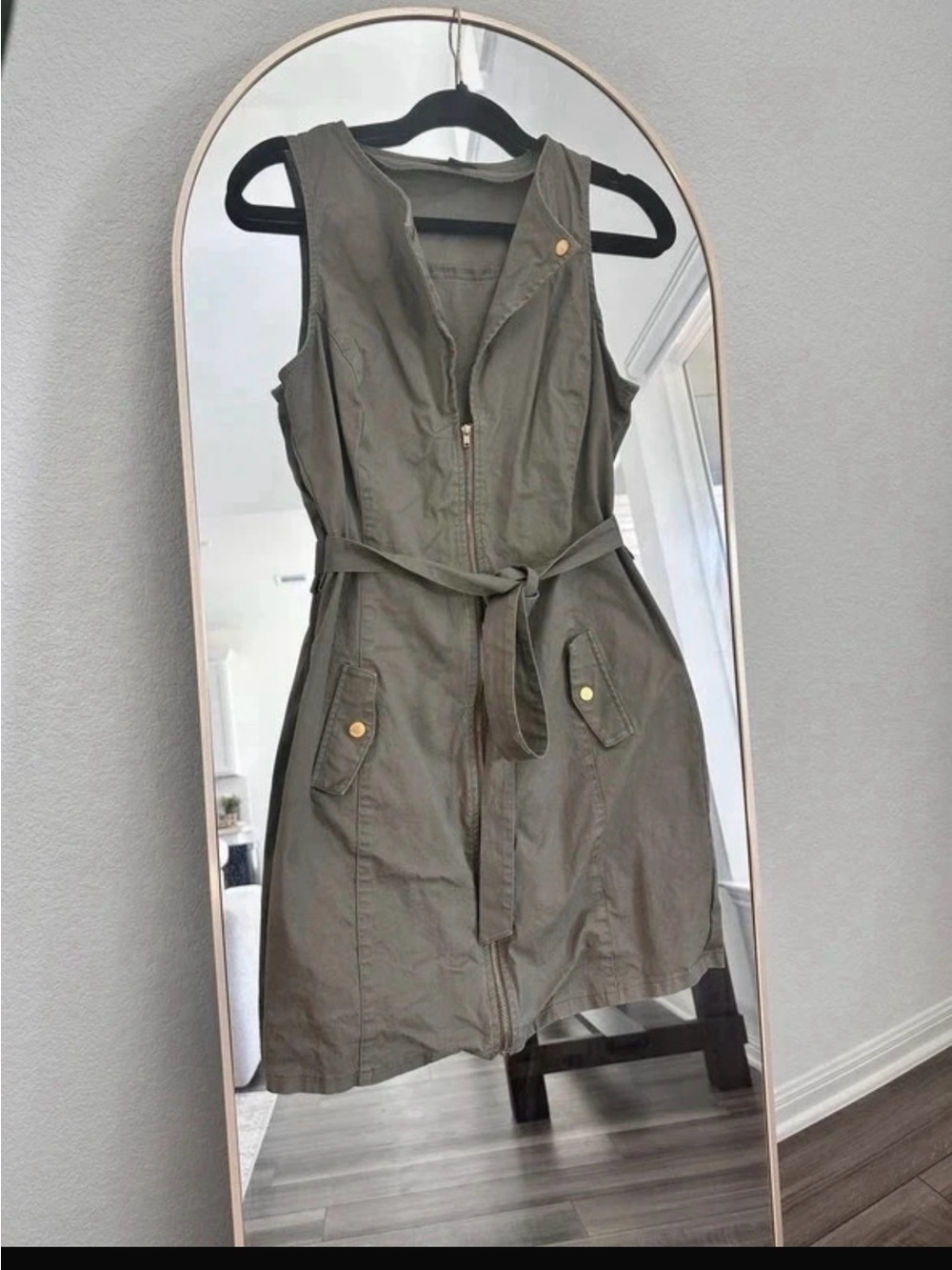 Sleeveless Olive Dress with Waist Tie
